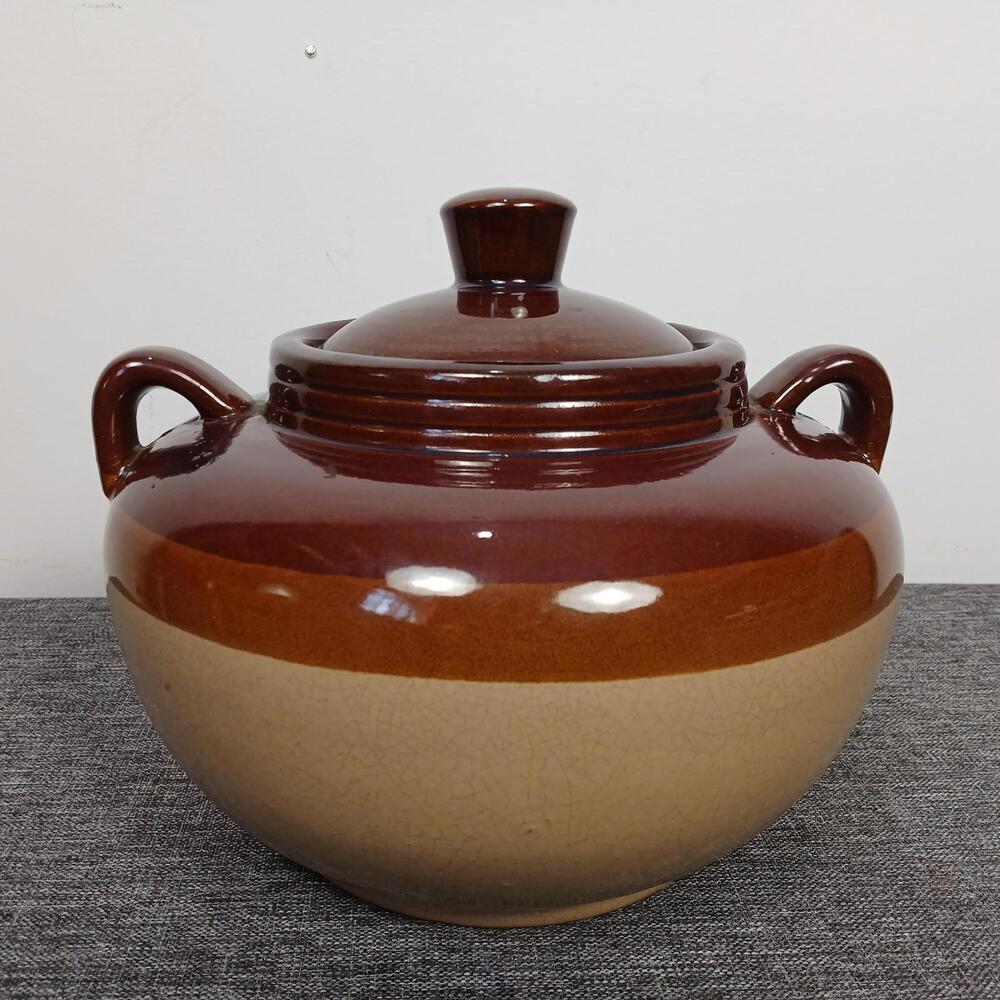 Vintage Two-Tone Stoneware Cookie Jar/Bean Pot Rustic Farmhouse Glossy Finish